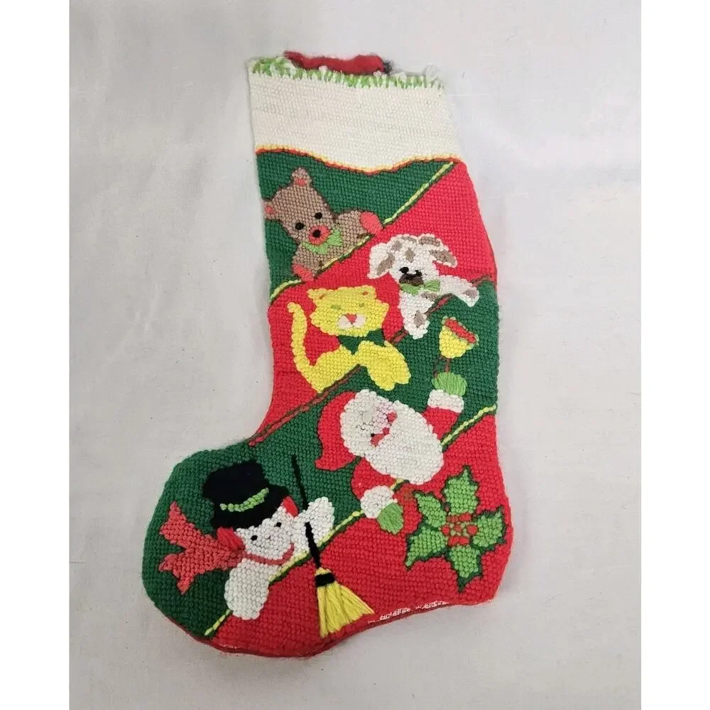 Lot Of 2 Vintage Handmade Needlepoint Cat Dog Snowman Santa Christmas Stockings